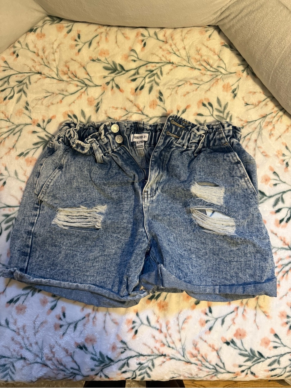 Forever 21 Light Blue Distressed Paperbag Denim Shorts with Elastic Waistband